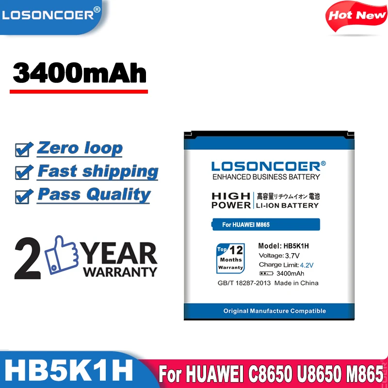 LOSONCOER 3400 мАч HB5K1H Высококачественная батарея для HUAWEI C8650 U8650 M865 U8652 U8651 Prism C8810 T8500 U8660