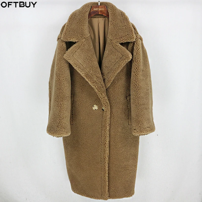 

Real Fur Long Coat Winter Jacket Women 100% Wool Content Woven Fabric Thick Warm Loose Outerwear Oversize Streetwear Teddy Cozy