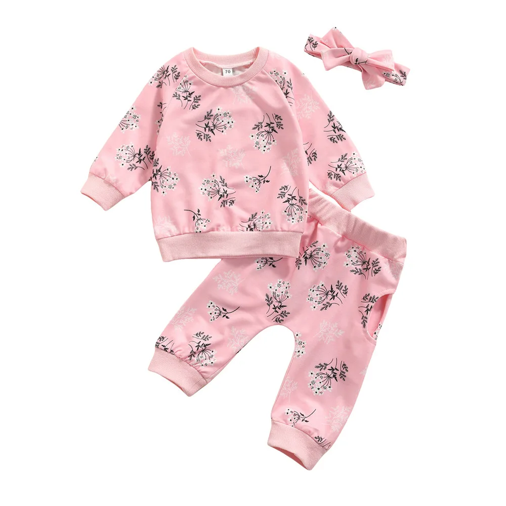 baby dress set for girl 3Pcs Little Girls Outfit, Sweet Style Floral Plant Printing Long Sleeve Round Collar Tops + Long Trousers + Headwear baby dress set for girl Baby Clothing Set