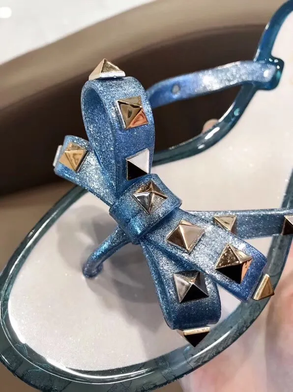 Summer Beach Sandals Woman Flip Flops PVC Slides Female Sandals Rivet Bowknot Slip on Flat with Women Studs Slippers Jelly Shoes
