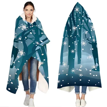 

Elk Snowflake Forest Silhouette Blue Christmas Portable Wearable Fluffy Custom Hooded Blanket Fleece Hooded Blanket