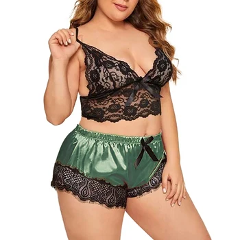 

Plus Size Women Sexy Lace Sleepwear Satin Lingerie Pyjamas Women Comfortable Hollow Out Pajamas Set For Women Female Nightwear