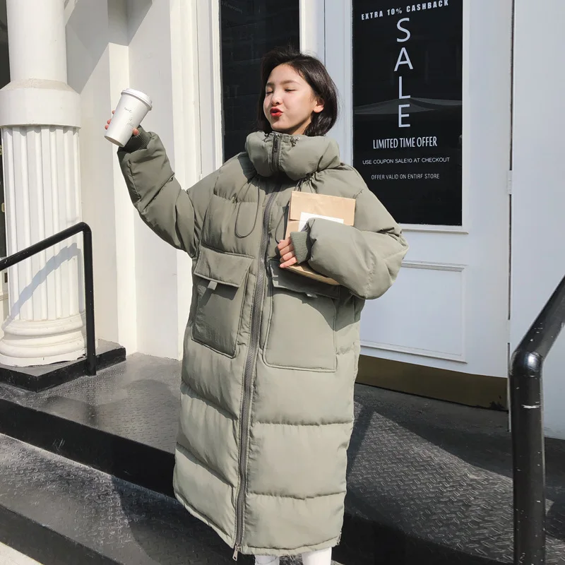 

Photo Shoot CHIC Korean-style Light Green Stand Collar Drawstring down Coat Loose-Fit over-the-Knee Thick Workwear BF Cotton Ove