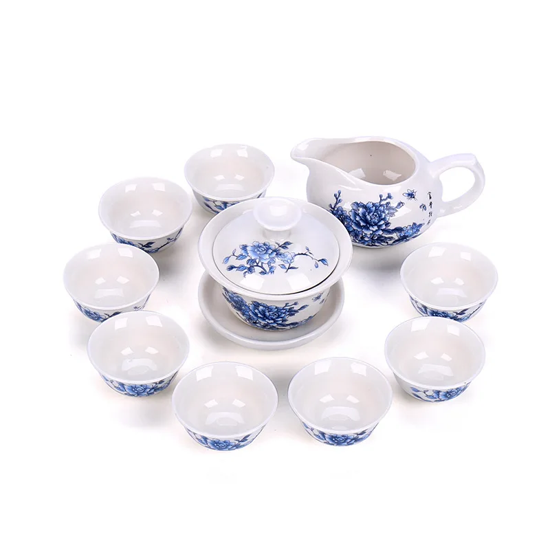 

Manufacturers Special Offer Dehua 10 Head Ceramic Tea Utensil Promotional Gift Blue Pattern Kung Fu Tea Set Wholesale Customizab