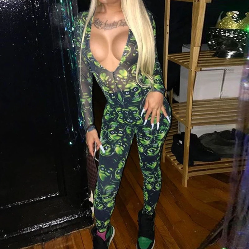 

BKLD 2021 Sexy Unique Long Sleeve Jumpsuit Skull Print Mesh See-through Rave Party Women Fashion Slim New Look Rompers One Piece