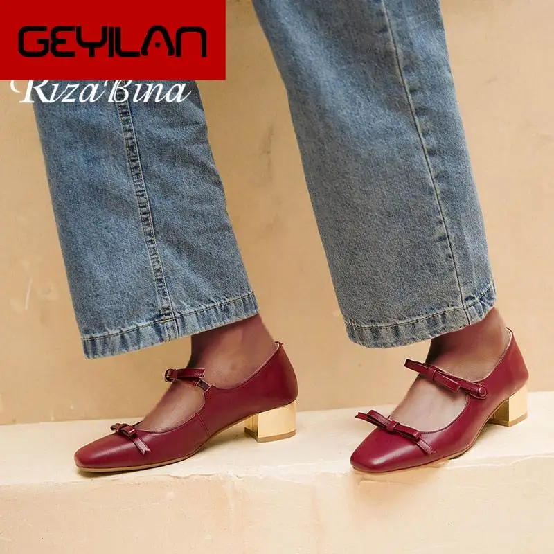 

Women High Heels Shoes Real Leather High Quality Sweet Bowknot Casual Party Ladies Pumps Square Toe Footwear Size 33-43