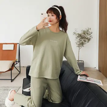 

Women Comfort Cozy Pajama Sets Autumn Winter Blue Green Loose Top And Pant Sleeping Twinset Cotton Skin Friendly Lounge Wear