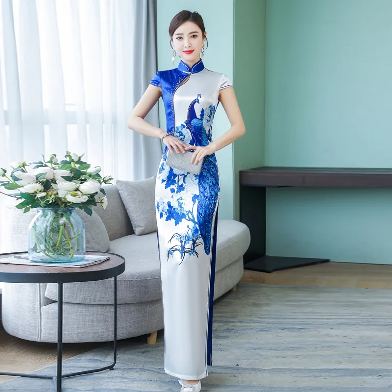 Китайское платье с принтом павлина для молодой леди, Qipao, воротник-стойка, атласное длинное вечернее платье, Vestidos, большой размер, 3XL, 4XL, Cheongsam