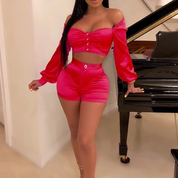 

Off Shoulder Sexy Women Shorts 2 Piece Sets Strapless Lantern Full Sleeve Crop Top With Shorts Casual Red Blue Club Outfits 2019