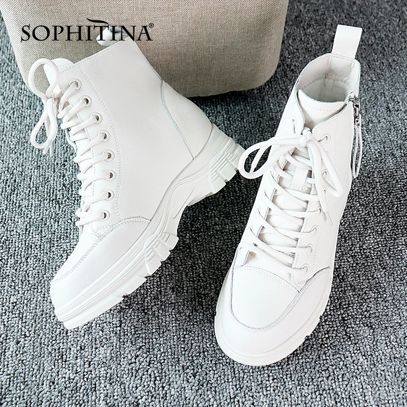 SOPHITINA Women's Shoes Winter Leisure Sport Genuine Leather Ankle Boots Round Toe Zipper Lace-Up Comfortable Women Boots WZ02