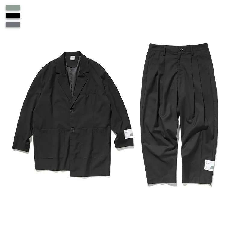 Black set UNCLEDONJM комплект из 2 предметов для мужчин, хип-хоп, мужской повседневный Блейзер, большой размер, Мужской Блейзер и брюки, удлиненный дизайн, мужские костюмы, A45/A46 - Цвет: Black set