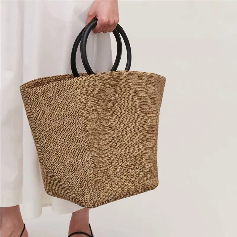 

NEW Straw Handbag Wooden Handle Large Capacity Paper Rope Woven Straw Bag New Fashion Summer Vacation Travel Beach Rattan Bag