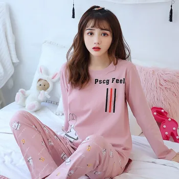 

100% Cotton Cute Cartoon Pajama Sets for Women 2020 Spring Autumn Long Sleeve Sleepwear Suit Homewear Pijama Mujer Home Clothes