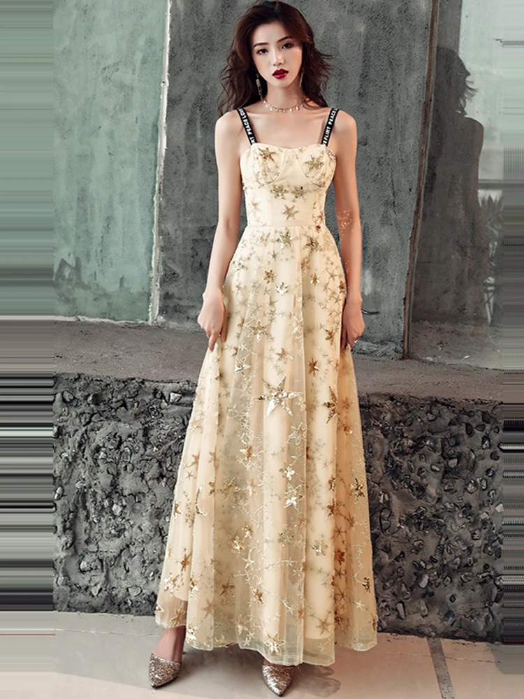 Это Yiya Выпускные платья Сияющие Звезды узор женские вечерние платья элегантный, на бретельках длиной до щиколотки выпускное платье E685