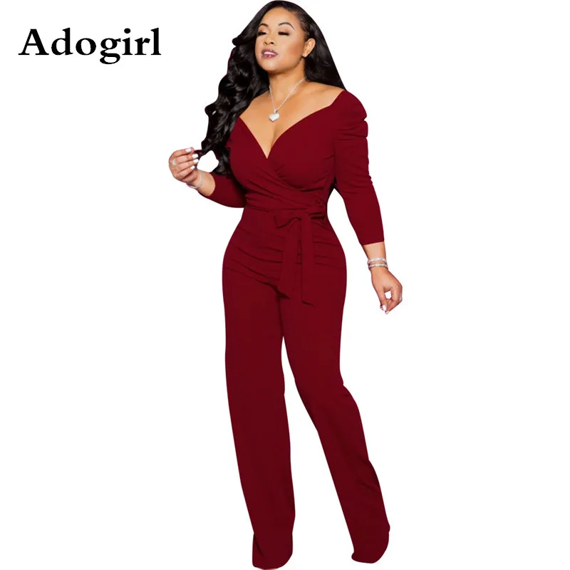 

Adogirl Sexy Wrap V Neck Jumpsuit Women Vintage Off Shoulder With Slash Wide Leg Pants Rompers Elegant Office Lady Overalls