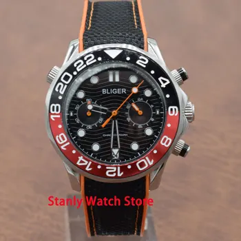 

Solid Bliger 41mm black dial luminous marks sapphire black red bezel rubber strap chronograph quartz movement men's wrist watch