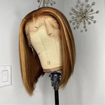 

Ombre Honey Blonde Human Hair Lace Front Wigs Straight Bob Wig With Baby Hair Bleached Knots Highlights Colored Wig