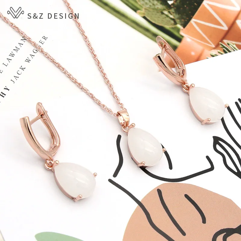 S&Z DESIGN Classic Water Drop Cubic Zirconia Jewelry Sets For Women 585 Rose Gold Color Dangle Earrings Pendant Necklace