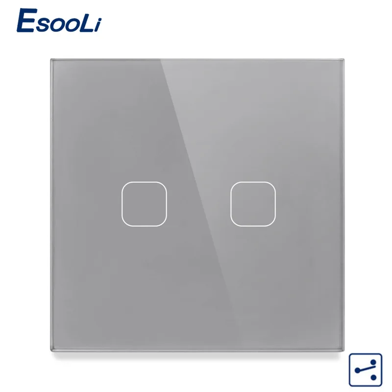 

Esooli 2 Gang 2 Way EU Standard Control Wall Touch Screen Switch,Gray Crystal Glass Panel,cross/through switch