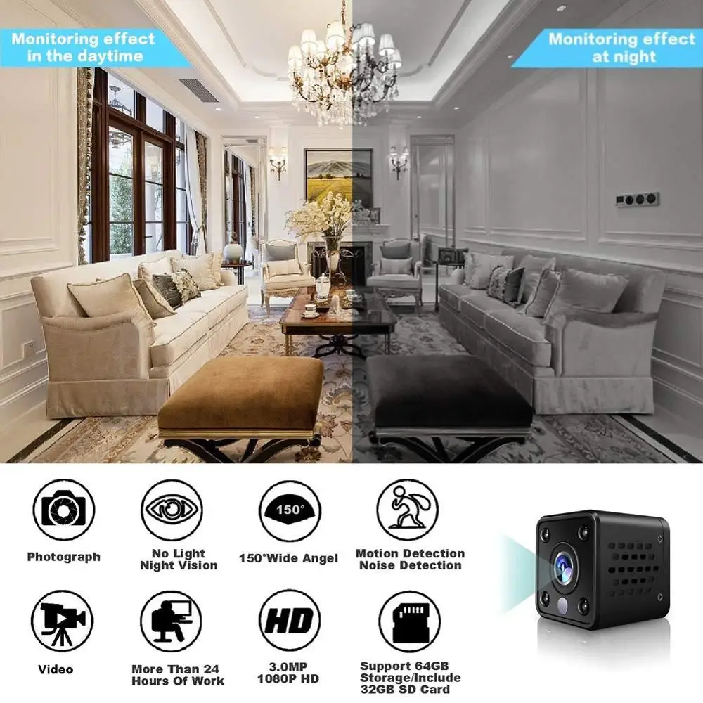 Мини wifi камера-беспроводная камера наблюдения-3,0 мегапиксельная няня IP камера 1080P HD с функцией ночного видения, активация движения и шума