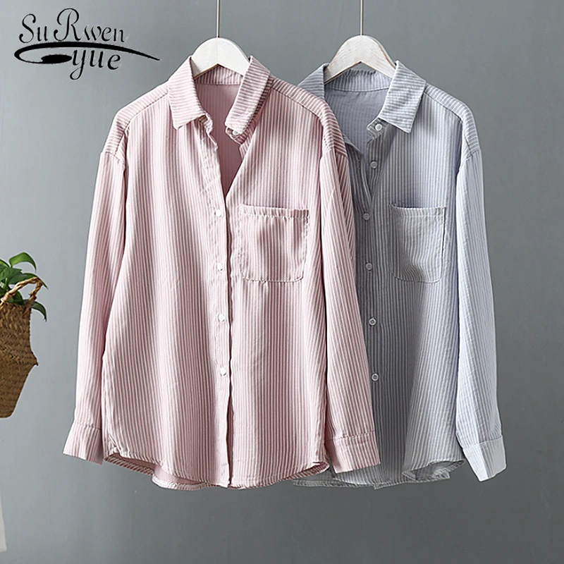 

Casual Long Sleeve Shirt Women Pink Striped Office Ladies Shirt 2019 new arrival autumn cotton clothing Large size Top 6799 50