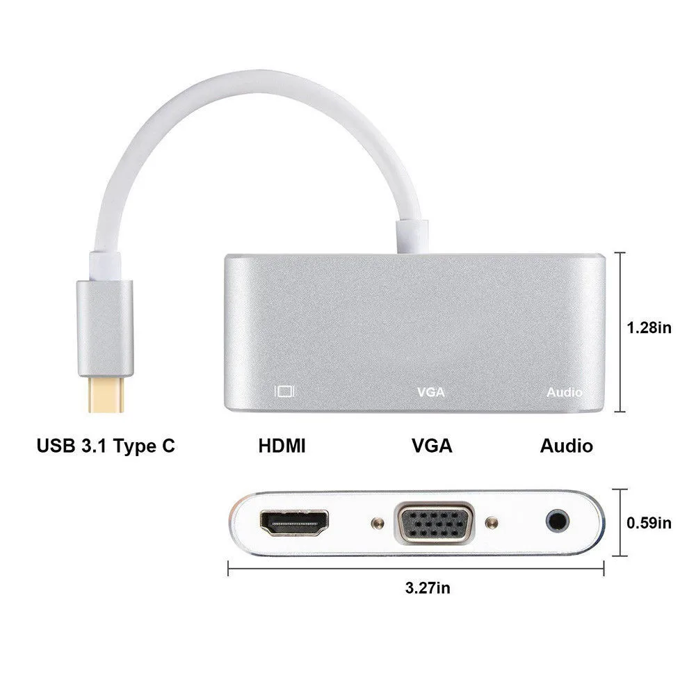 Type-C к HDMI VGA 3,5 мм аудио адаптер 3в1 USB-C конвертер кабельный концентратор 18Nov06