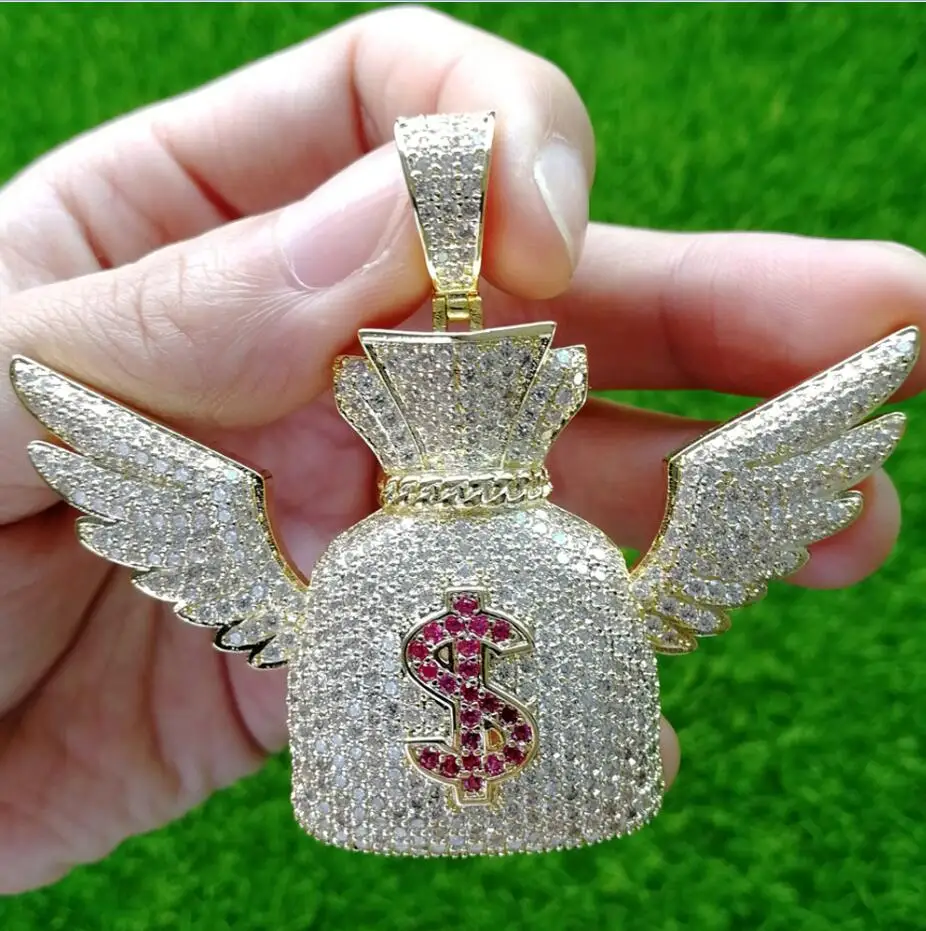gold color ICED OUT AAA CZ денежный мешок с крыльями кулоны$ кулоны ожерелья для мужчин и женщин CN501 - Окраска металла: gold color