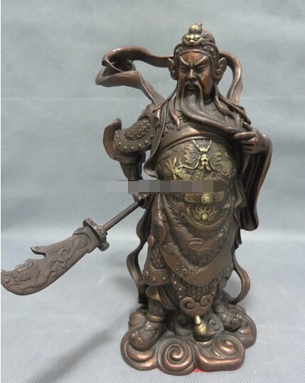 412+++ 1" Китайский чистый Бронзовый воин Меч Голова Дракона GuanGong Guan Yu God статуя