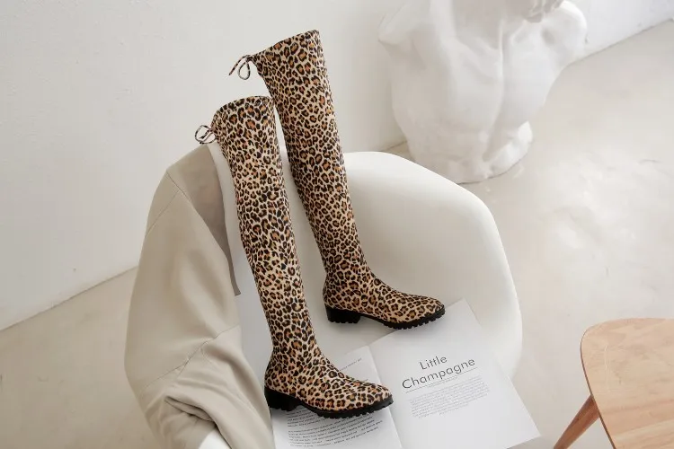CDAXILAN new to women's Over-the-knee boots stretch fabric suede Mid-heel lace-up sexy thigh boot leopard grain long boot