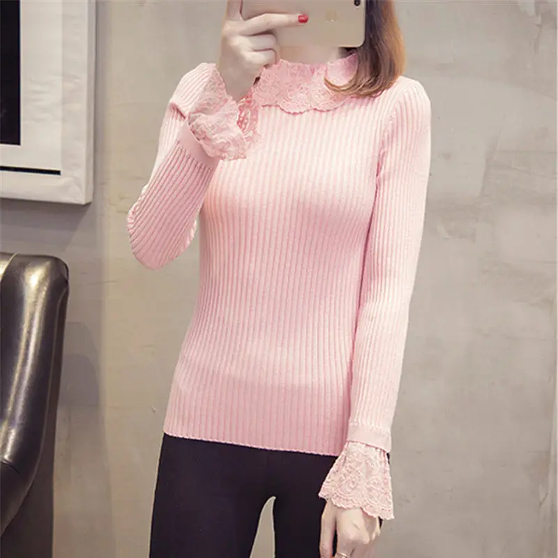 

Korea Autumn Winter Solid Lace Elastic Pullovers Sweaters Women Spring Sexy Pink Flare Sleeve Knitted Sweater Female Jumper