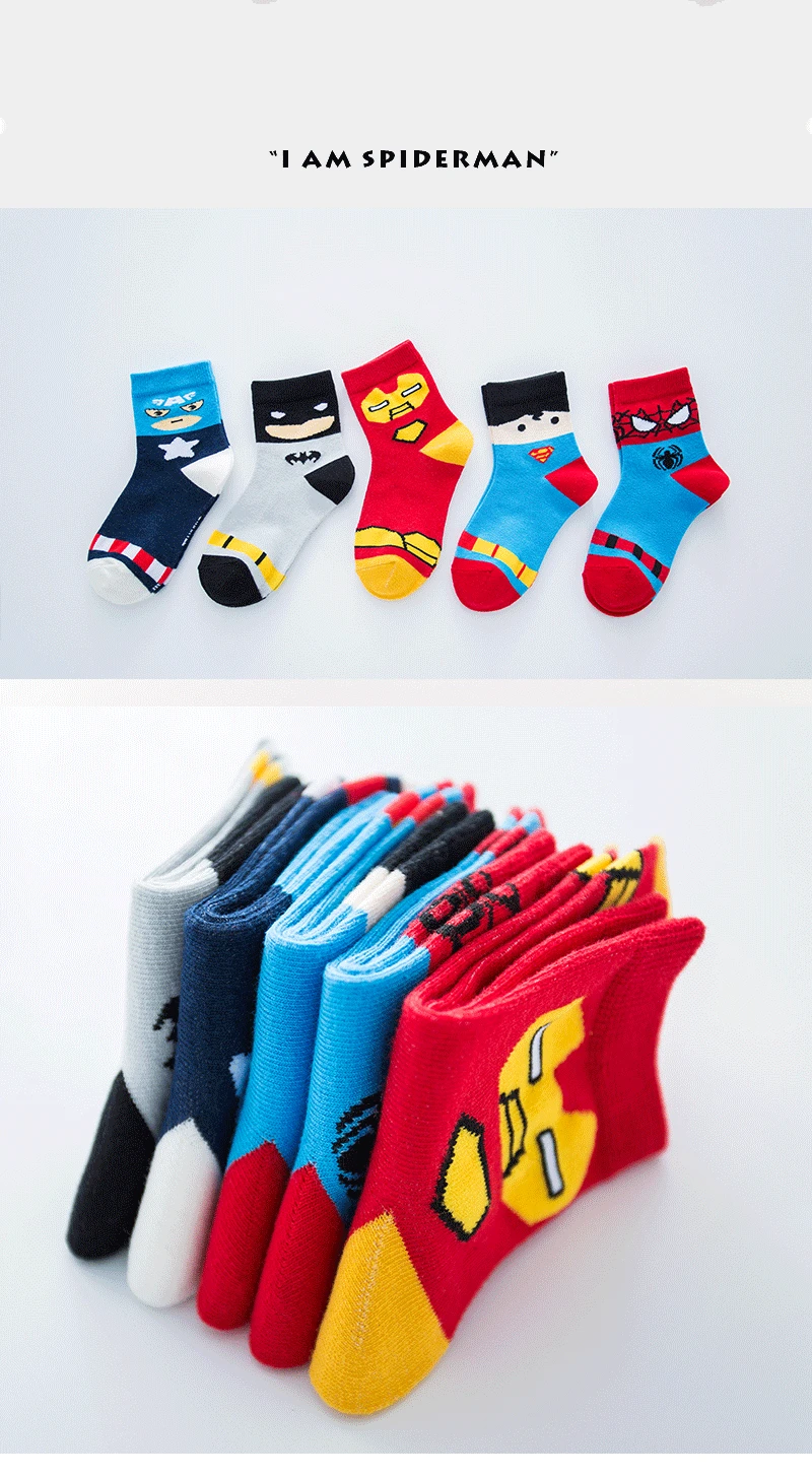 5 пар, носки для маленьких мальчиков, зимние носочки с героями из мультфильмов с героями комиксов Марвел, Superman Spiderman Batman Железный человек, детские осенние хлопковые Дышащие носки