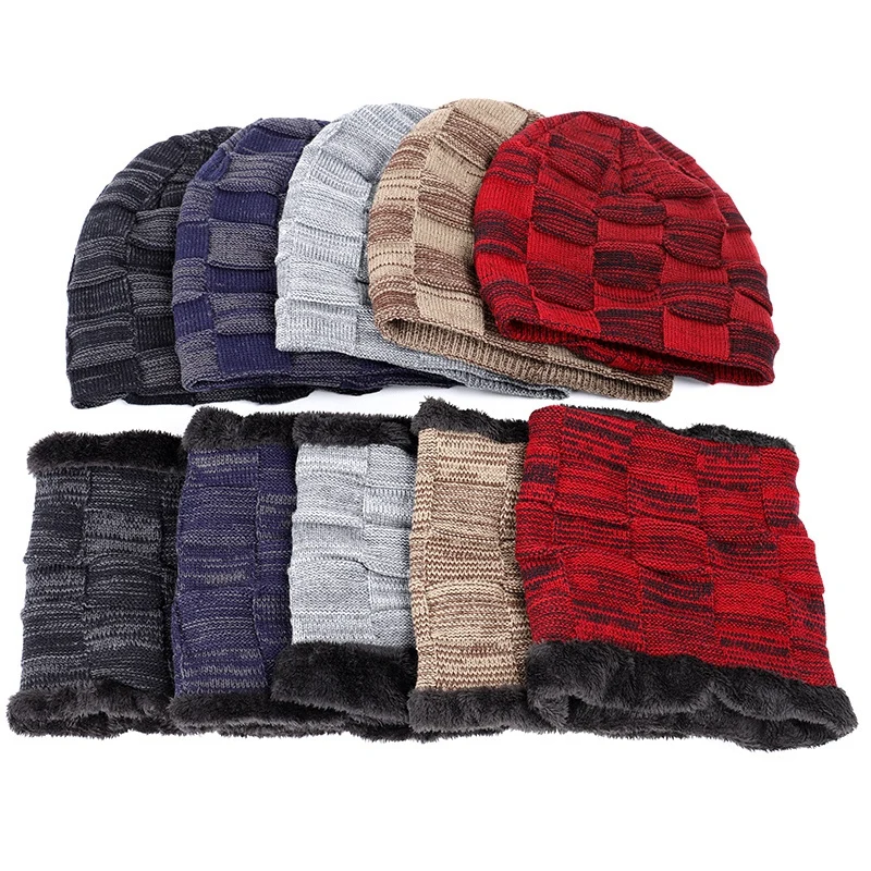 Зимние теплые двухсекционные зимние шапки на кортах, шапка, шарф, набор для мужчин и женщин, вязаная шапка, толстая шапка и шарф с шерстяной подкладкой