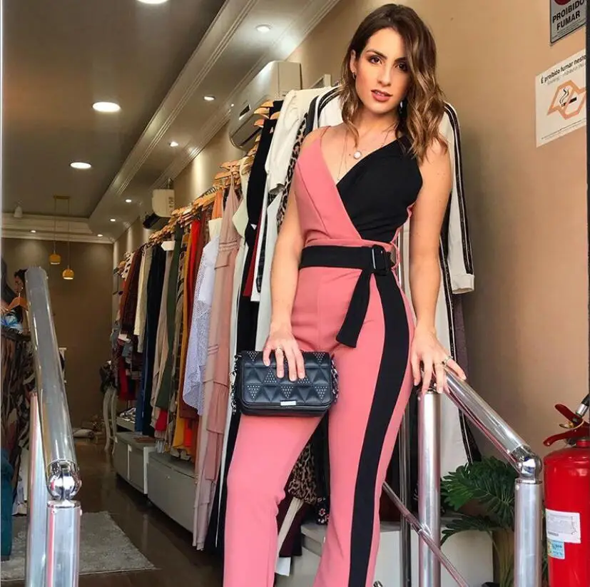 Women Color Block Spaghetti Strap Jumpsuits Elegant Office Ladies Belted rompers womens jumpsuit - Color: 03