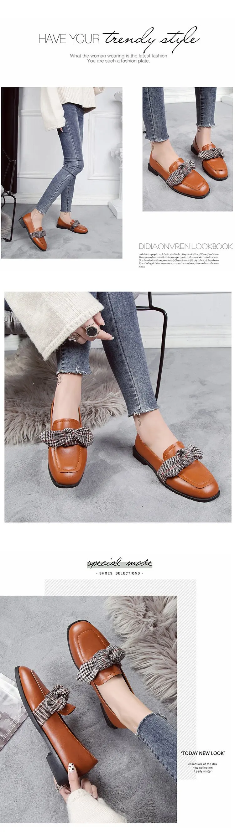 elegant cute houndstooth bow-knot shallow leather shoes British style student casual slip-on moccasins retro brief flats loafers