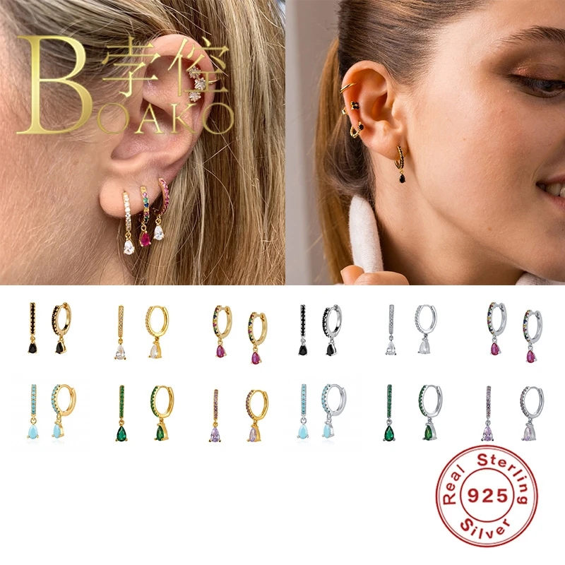 

BOAKO 925 Sterling Silver Hoop Earrings For Women Earring Hoops Drop Colorful Zircon Turquoise Earings Luxury Jewelry Pendientes