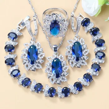 

Bridal Costume Jewelry Sets With Natural Stone CZ Blue Dangle Earrings Bracelet And Ring For Women Jewelry