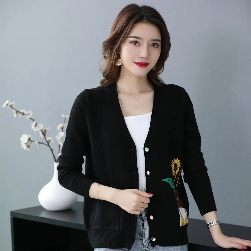 ^Cheap Women Casual Cardigan Sweaters Autumn Spring V-neck Sunflower Girl Pattern Printing Knitted Tops Red Blue Black Plain Knitwear ^Cheap Women Casual Cardigan Sweaters Autumn Spring V-neck Sunflower Girl Pattern Printing Knitted Tops Red Blue Black Plain Knitwear