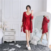 Fiklyc лед Шелковая пижама женская летняя сексуальная ночная рубашка на бретельках с нагрудной накладкой сборный халат из двух частей костюм с длинными рукавами кружева