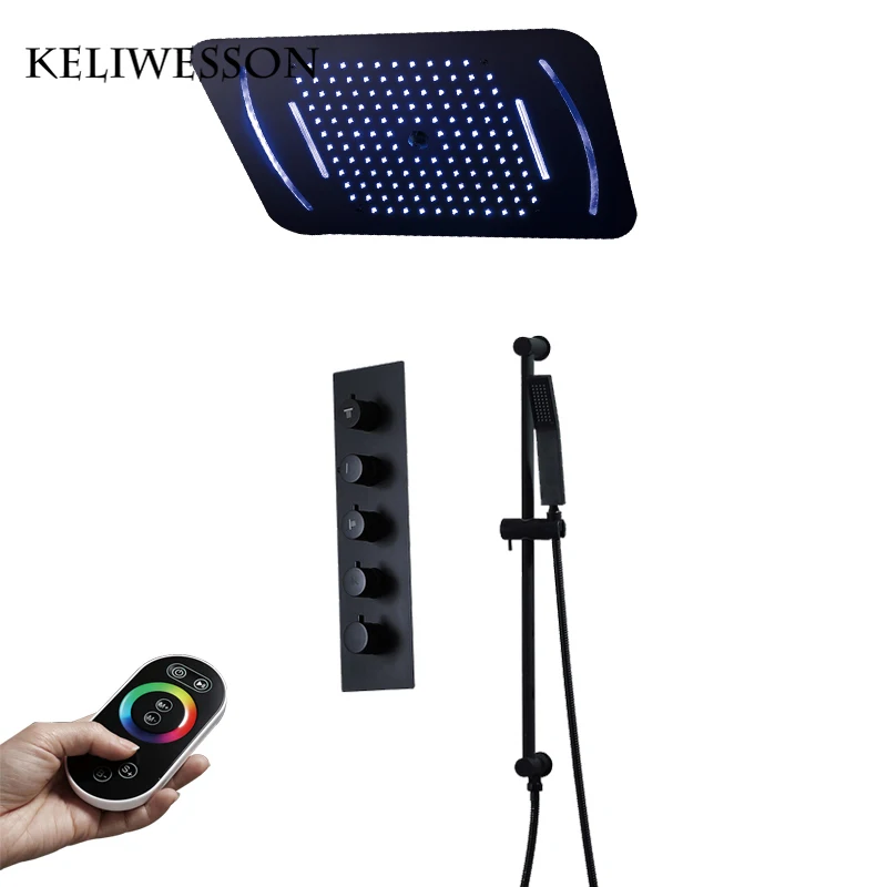 

Black Massage Shower Head Rainfall LED Shower Ceiling Mounted Thermostatic Shower Faucets Set Slide Showers Waterfall