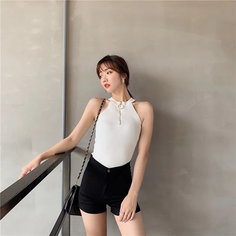 Lychee винтажные однотонные женские топы на молнии с открытыми плечами Летняя женская Свободная майка без рукавов трикотажные женские майки