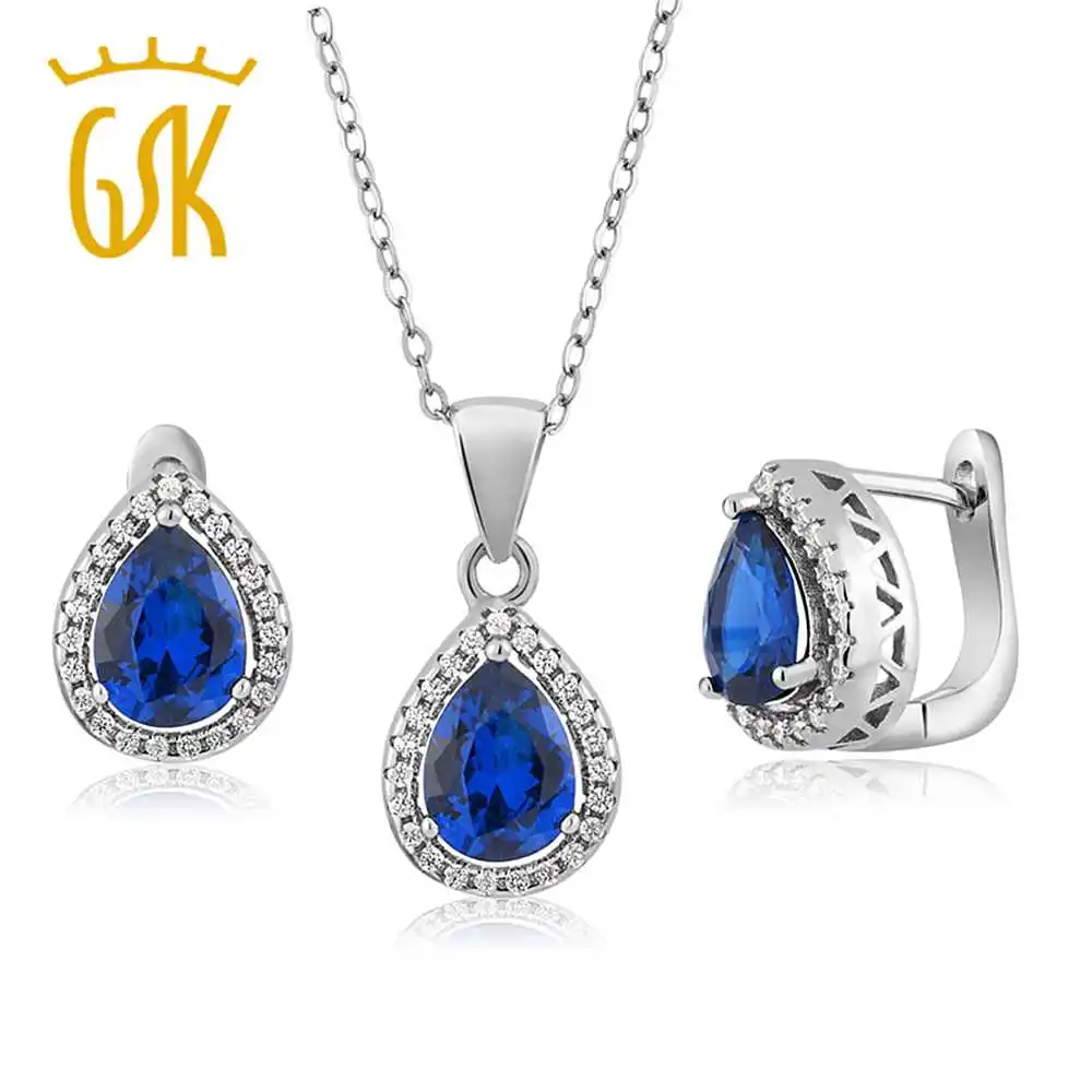GemStoneKing 925 пробы серебряные серьги с подвеской 6,50 карат в форме груши синий искусственный сапфир женский винтажный комплект ювелирных изделий