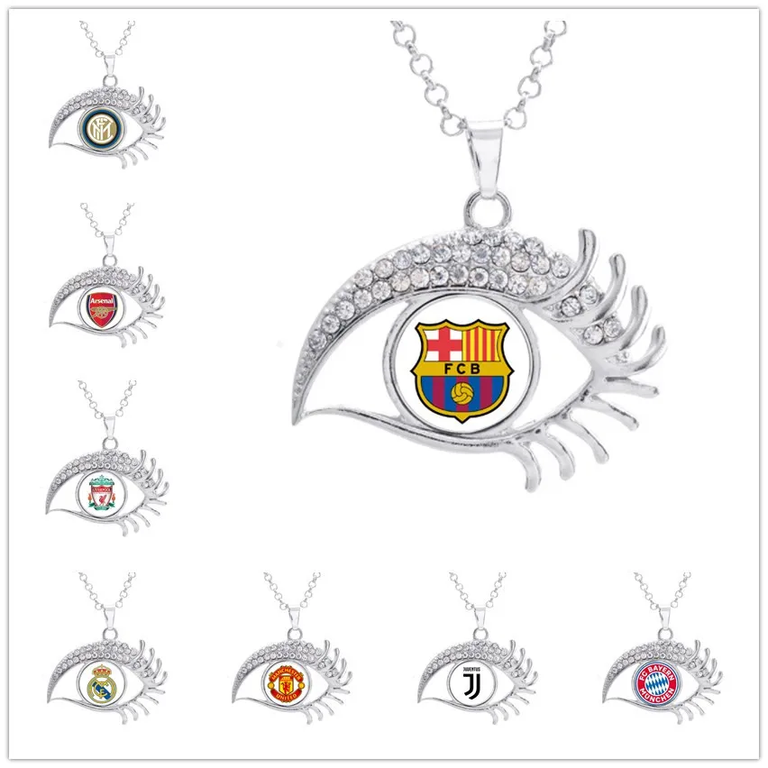 

16mm Inter Liverpool Madrid Juventus FCB Barcelona Team LOGO Photo Glass Snap Button White Crystal Evil Eye Shaped Necklace