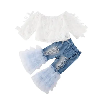 

Summer Kids Baby Girls Princess Elegant Clothes Lace Off Shoulder Long Sleeve T-shirt Tops Ruffle Hole Pants Outfits