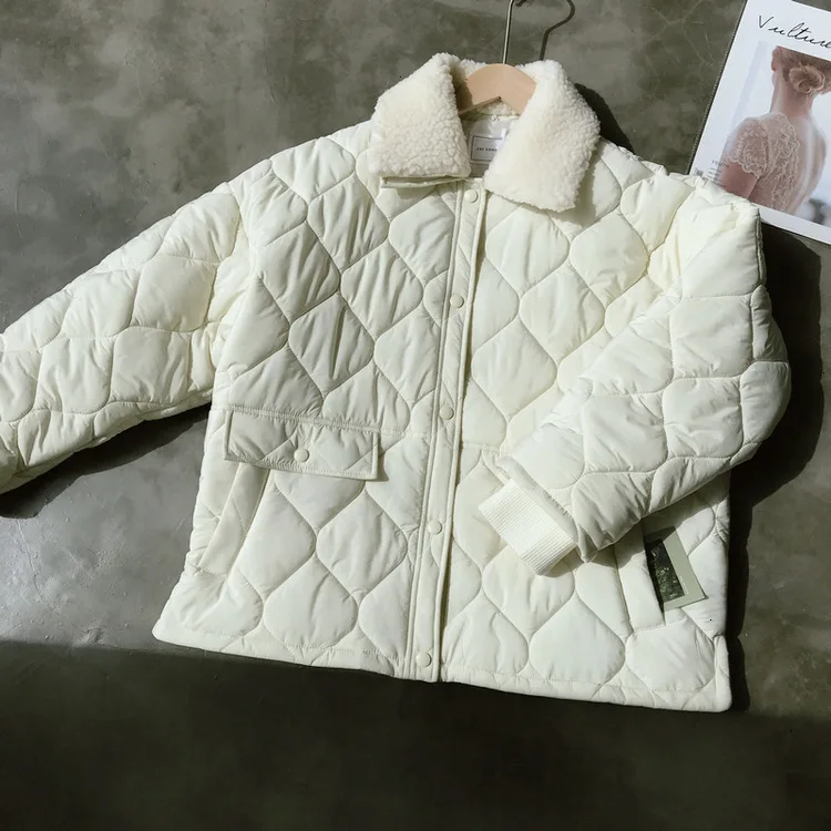 Mooirue autumn Winter jacket coat female Small Cotton-padded Loose Short Diamond Lattice Ins Cotton solid color coat