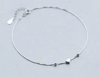 

925 1pc -Sterling -Silver heart&Beads chain bracelet Anklet adjustable LS269