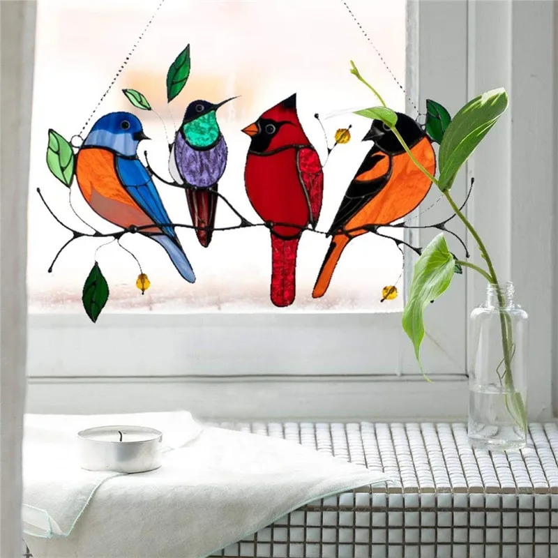 Mini Vitrail Suspendu au Mur en Acrylique, Décor d'Oiseaux Colorés, Accessoires de Chambre, Décor Scandinave