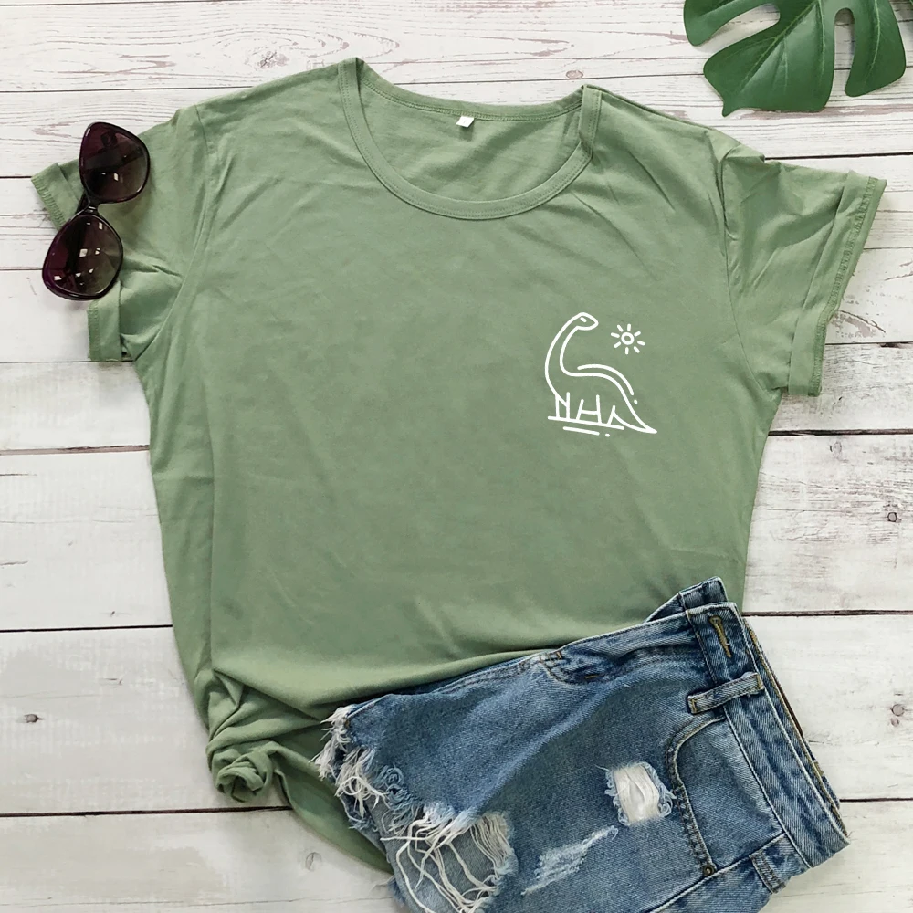 Cute Dinosaur Pocket T-shirt Funny Women Graphic Vegan Tshirt High