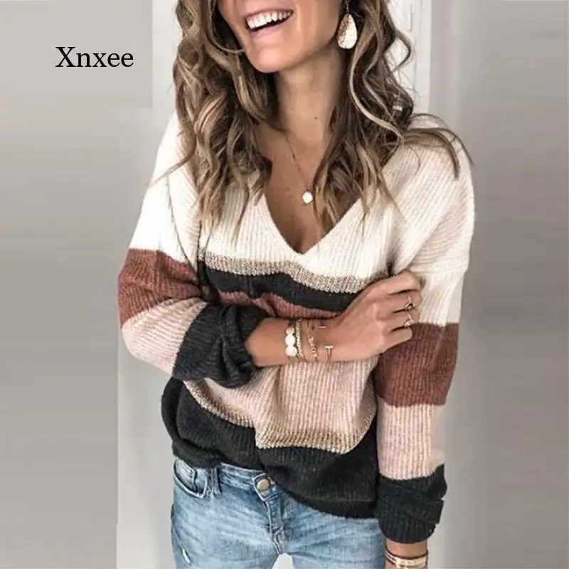 

Autumn and Winter Women's New Sexy V-Neck Sweater Stitching Casual Long-Sleeved Knitted Pullover Elegant Patchwork Striped Print