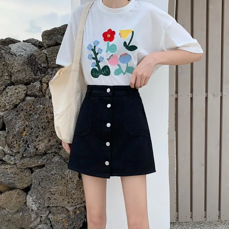 Women Casual Summer Mid Waist Shorts Denim Jean Shorts Junior Short Jeans 2 Layers Buttons Decor Pockets Korean Teens Ullzang