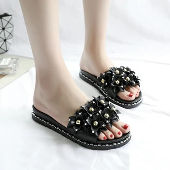 

Summer Women Slippers Cute Flower Decoration Flat Women Home Slippers Comfortable Pink Slides Female Women Casual Shoes